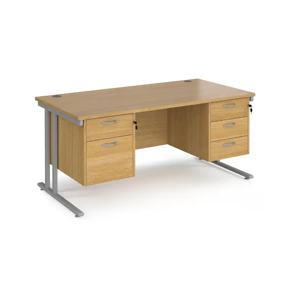 image of Maestro 25 Oak Straight Desk with 2 and 3 Drawer Pedestal and Silver Cantilever Leg Frame - 1600mm x 800mm