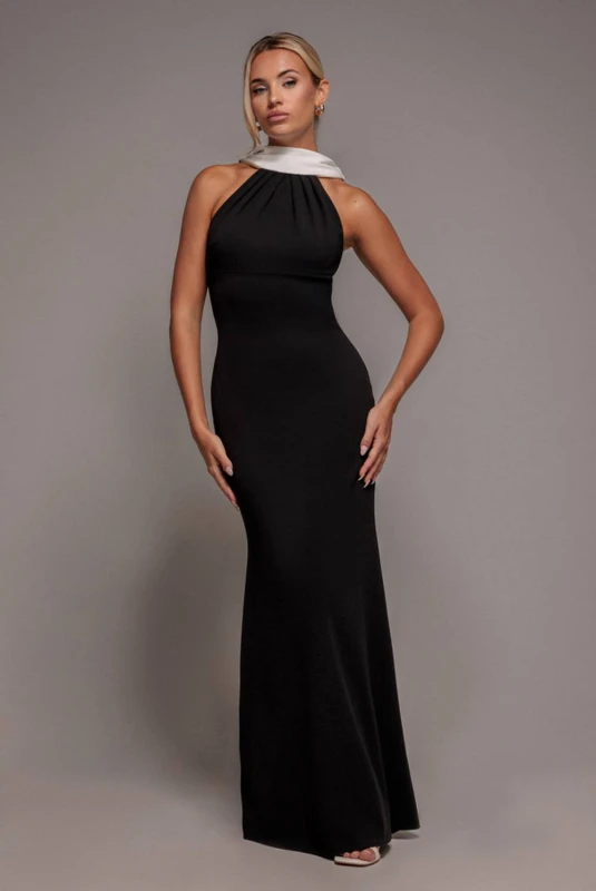 Image of Goddiva Womens Contrast Crepe Halterneck Maxi Dress With Sash in Black Size: 10 Black Female 10