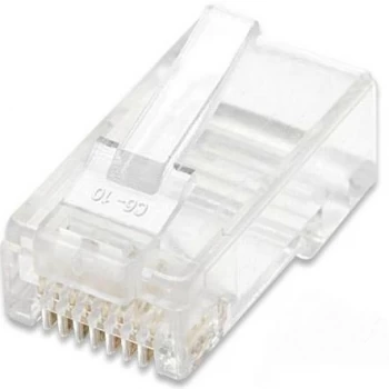 image of INTELLINET 100er-Pack Cat5e RJ45 modular plug UTP 3-point wire contacting for solid wire 100 plugs per cup Crimp contact Transparent Intellinet 502399