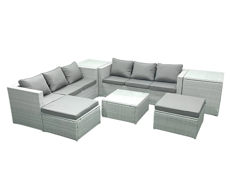 Image of Fimous Rattan Garden Outdoor Furniture Set 8 Seater Rattan Garden Sofa Set with 2 Big Footstools 2 Side Tables Light Grey Mixed Light Grey