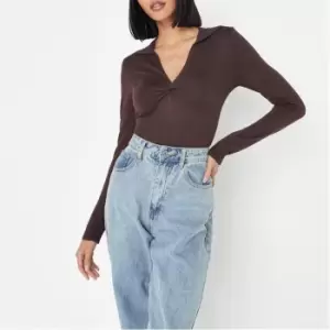 image of Missguided Front Collar Knitted Top Co Ord - Brown