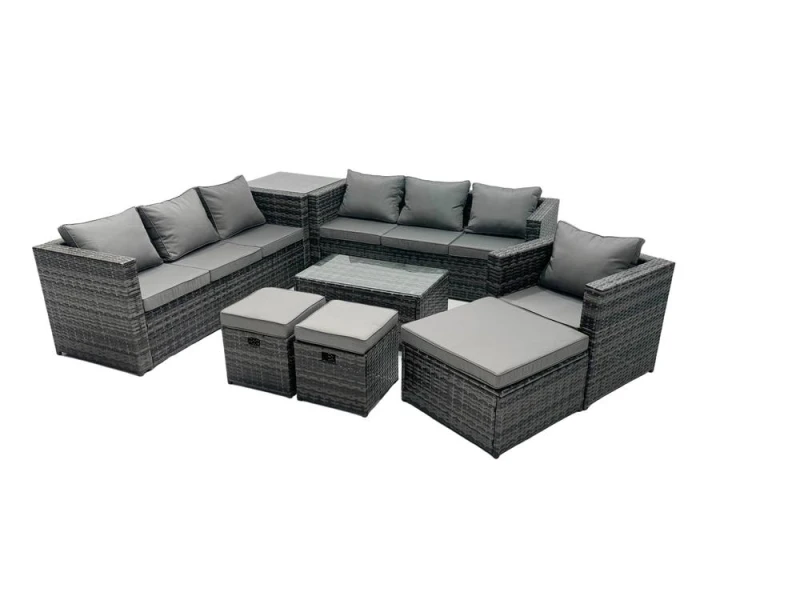 Image of Fimous 10-seater Patio Coffee Table Sofa Set with 3 Stools Side Table in Dark Grey Dark Grey Unisex