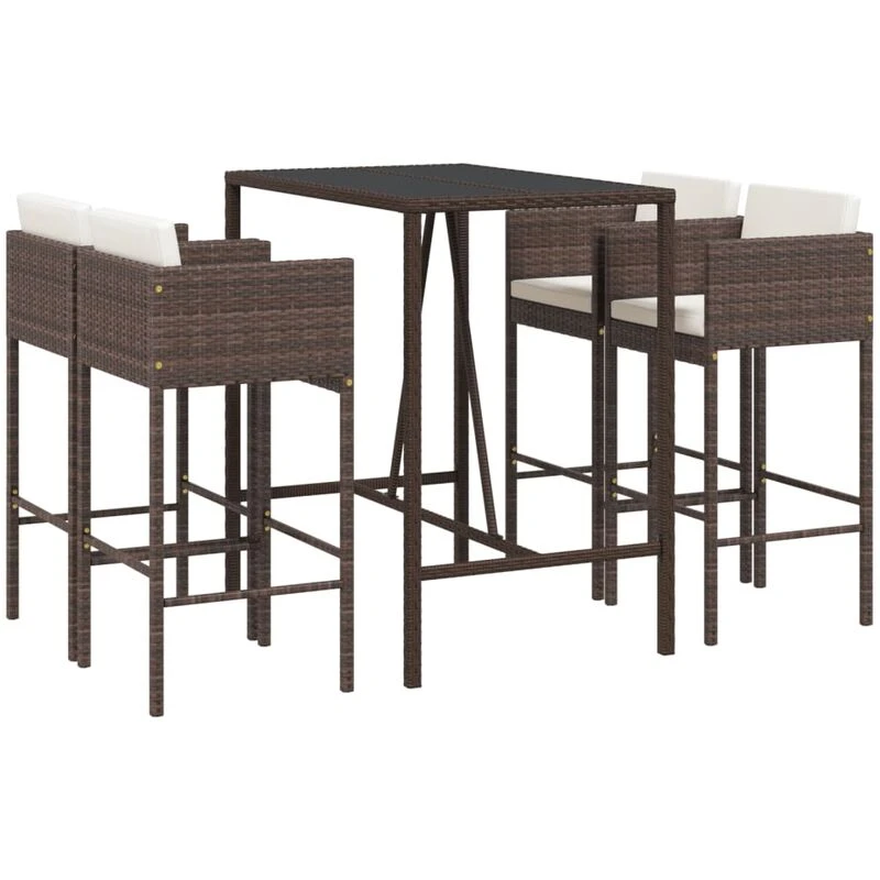 Image of vidaXL 5 Piece Garden Bar Set with Cushions Brown Poly Rattan, Brown 3203923