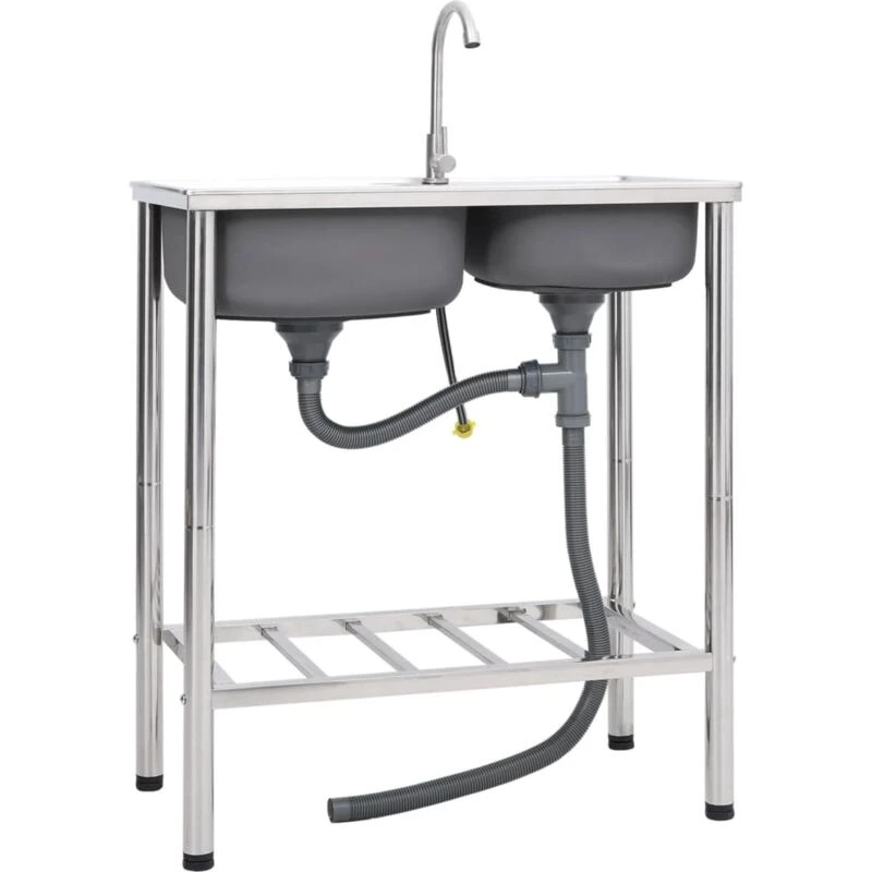 Image of VIDAXL Camping Sink Double Basins with Tap Stainless Steel Vidaxl 8720286647851