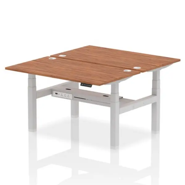 Image of Air Air Back-to-Back 1400 x 800mm Height Adjustable 2 Person Bench Desk Walnut Top with Cable Ports Silver Frame HASCP2P14800WNTS