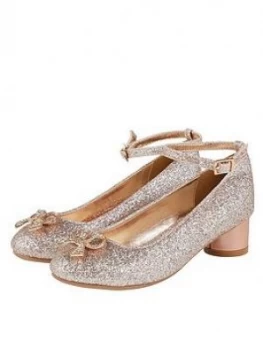 image of Monsoon Girls Mika Glitter Diamonte Bow Heel Shoes - Rose Gold, Size 10 Younger