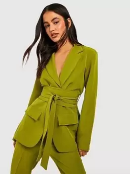 Image of Boohoo Tie Waist Tailored Blazer - Olive