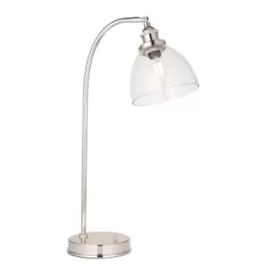 image of Bright Nickel Table Lamp Task Light - Clear Glass Shade - Knurled Detailing