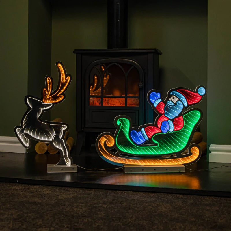 Image of 75cm Infinity Santa in Sleigh with Reindeer on Metal Base and Multi-Coloured LEDs