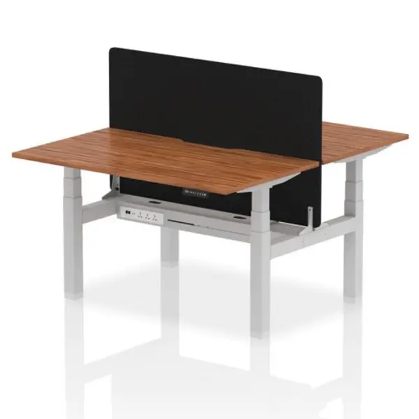 Image of Air Air Back-to-Back 1400 x 800mm Height Adjustable 2 Person Bench Desk Walnut Top with Scalloped Edge Silver Frame with Black Straight Screen HASSE2