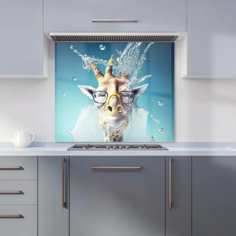 Image of Warren Reed - Designer Giraffe With Glasses Splashart Kitchen Splashback in Blue Size: 700mm x 650mm Blue Unisex 700mm x 650mm