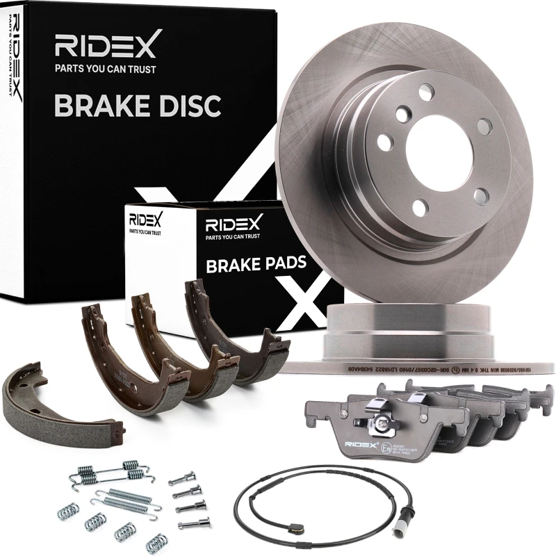 Image of RIDEX 3405B0491 Brake disc and pads set Rear Axle, Brake Disc Type: Solid, incl. wear warning contact Brake Set,disc brakes (3405)