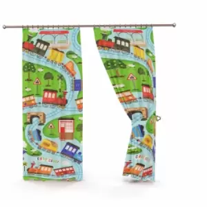 image of Portfolio Home Kids Club Toy Trains Pair Of Lined Curtains (66 X 72") With Matching Tie Backs Blue