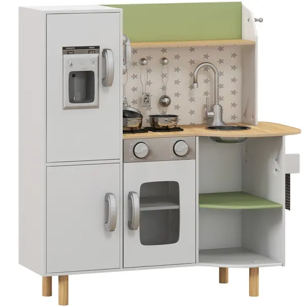 Image of AIYAPLAY Toy Kitchen, Kids Play Kitchen Role Playing Game with Phone, Ice Maker, Stove, Sink, Utensils, for 3-6 Years, White