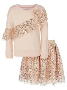 Monsoon Girls Sequin Sweat Top And Skirt Set - Rose Gold, Size Age: 11-12 Years, Women