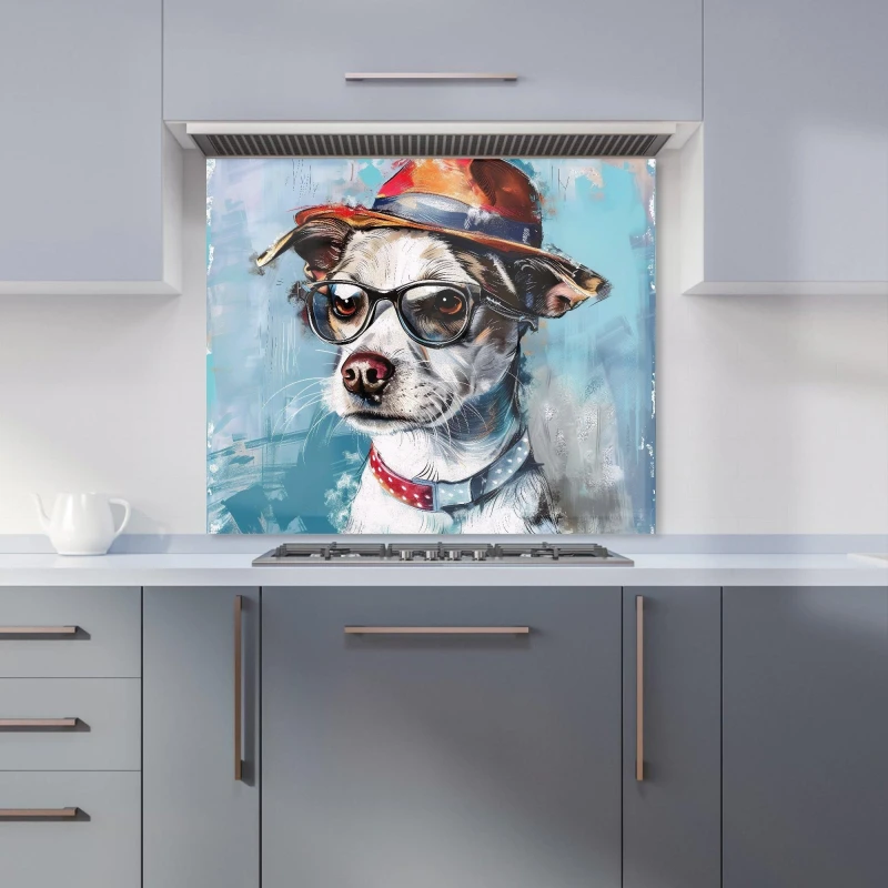 Image of Warren Reed - Designer Quirky Pup with a Fedora Kitchen Splashback Size: 600mm x 750mm Multicolor Unisex 600mm x 750mm