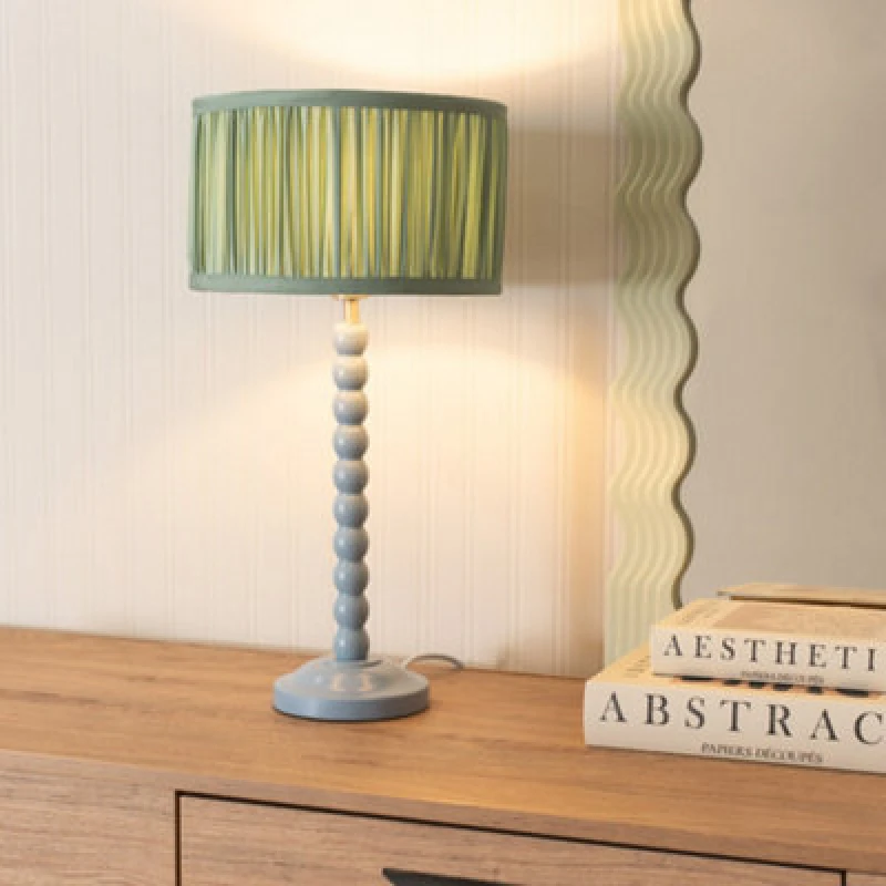 Image of ValueLights Bobbins Powder Blue Table Lamp with Ruched Pleated Drum Lamp Shade and LED Bulb Pale Green