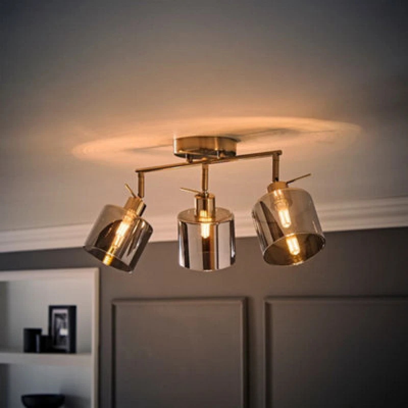 Image of ValueLights Demi Brushed Chrome 3 Bar Smoked Glass Spotlight Ceiling Light & Bulbs in Metallic Silver Metallic Silver Unisex