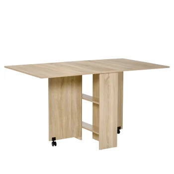 Image of HOMCOM Mobile Drop Leaf Dining Kitchen Table Folding Desk For Small Spaces With 2 Wheels & 2 Storage Shelves Oak