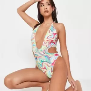 Missguided Swirl Print Extreme Cut Out Tie Back Swimsuit - Yellow