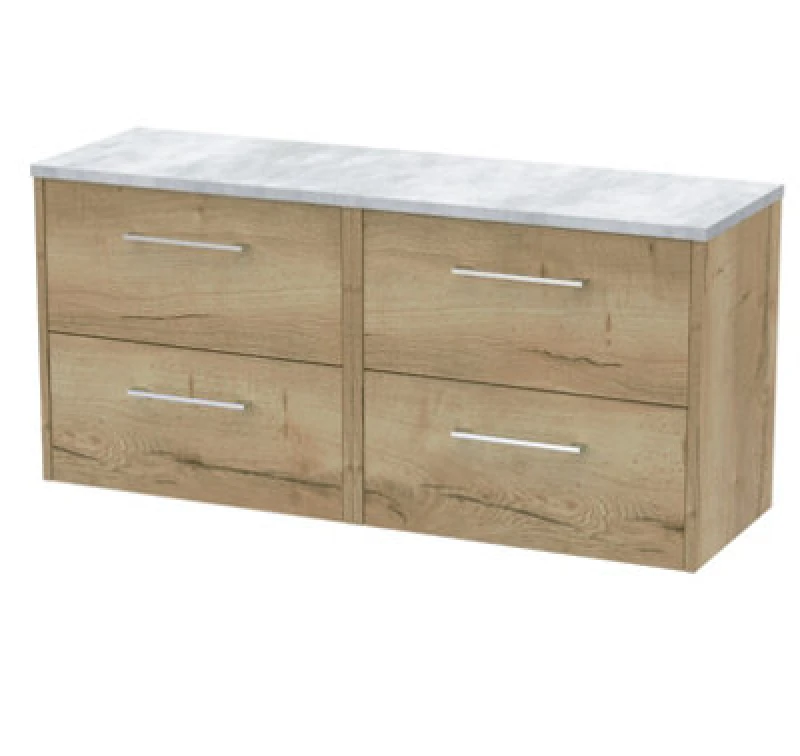 Image of Nuie Hudson Reed Juno Wall Hung 4-Drawer Vanity Unit & Bellato Grey Worktop, Countertop Basin Unit In Autumn Oak, 1200mm