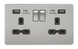 image of KnightsBridge 13A 2G Screwless Brushed Chrome 2G Switched Socket with Dual 5V USB Charger Ports - Black Insert