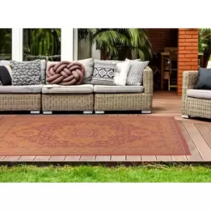 Image of Traditional Persian Medallion Floral Flatweave Indoor Outdoor Rug in Red 80 x 150cm (2'6'x5'0')