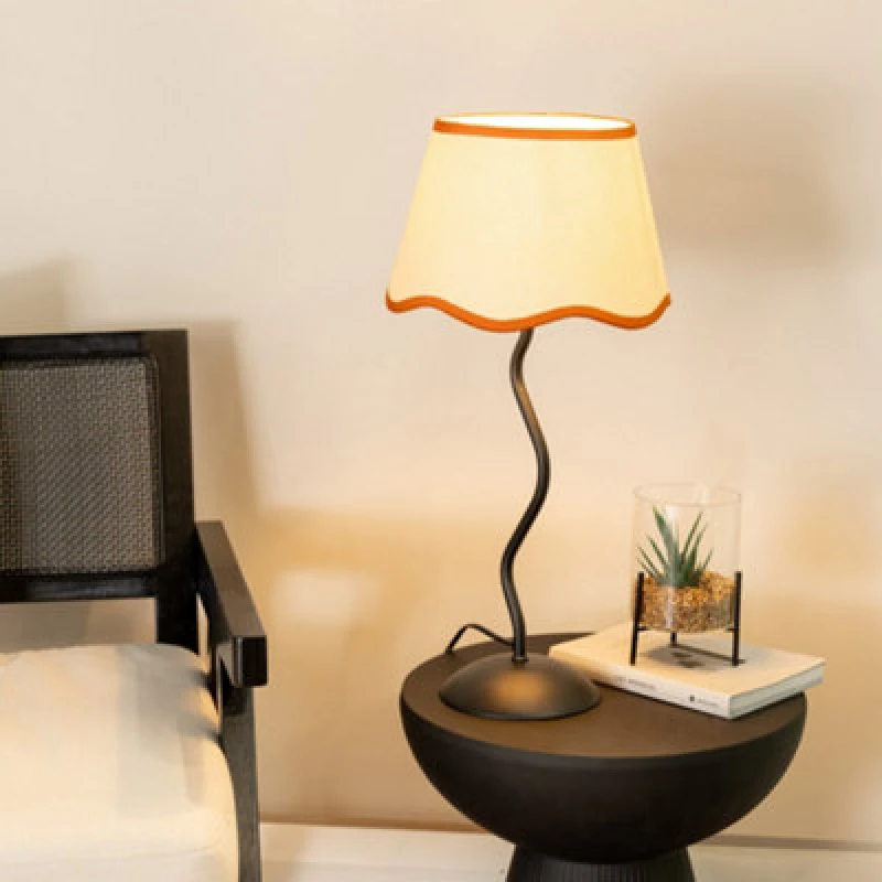 Image of ValueLights Wiggle Black Metal Table Lamp with Linen Scallop Trim Tapered Lamp Shade & Bulb Burnt Orange