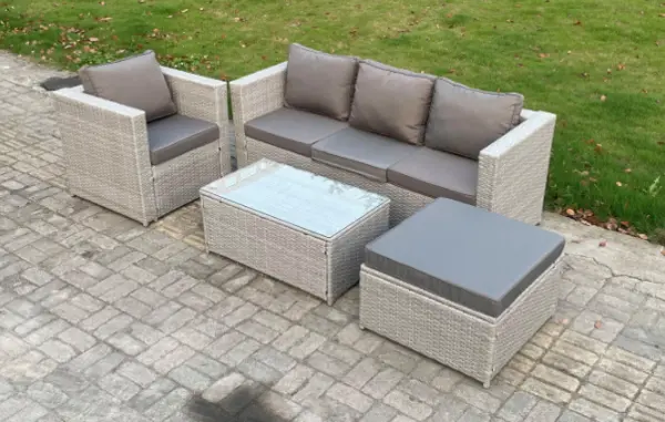 image of Fimous 4 Seater Light Grey Outdoor PE Rattan Lounge Sofa Complete Set with Oblong Coffee Table and Big Footstool