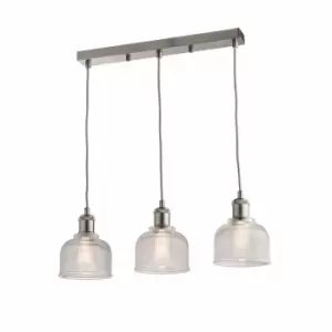 image of Nielsen Giuliano 3 Light Industrial Diner Breakfast Bar Pendant Light With Holophane Glass Satin Silver Finish