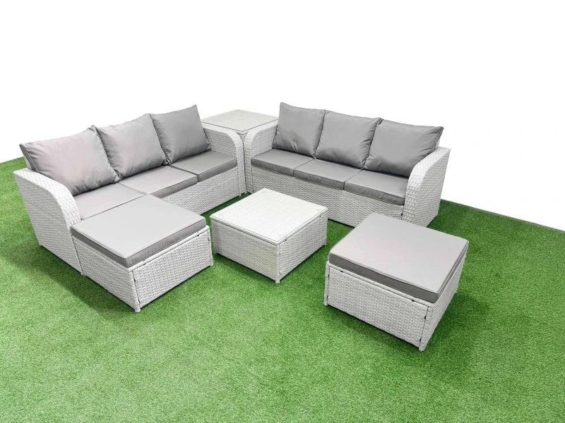 Image of Fimous Outdoor Garden Furniture Sets 8 Seater Wicker Rattan Furniture Sofa Sets with Square Coffee Table high Back Lounge Sofa 2 Big Footstool Side Ta
