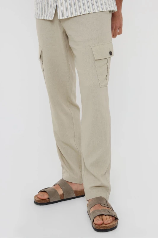 Image of Threadbare Mens 'Ramsay' Linen Blend Cargo Trousers in Stone Size: 32R Stone Male 32R