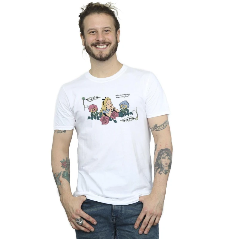 Image of Disney Men Alice In Wonderland What Kind Of Garden T-Shirt in White Size: Small White S Male 5063153493148