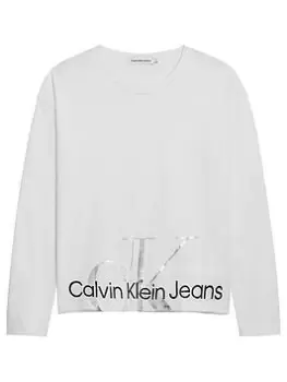 Image of Calvin Klein Jeans Girls Metallic Monogram Long Sleeve T-Shirt - White, Size Age: 10 Years, Women