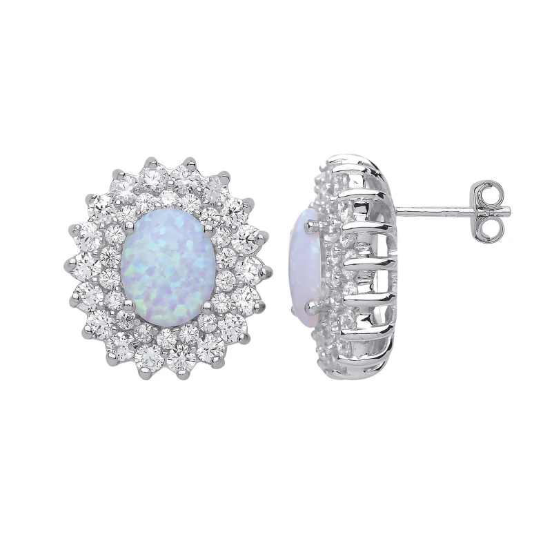 Image of Jewelco London Silver Oval Opal Royal Cluster Stud Earrings - GVE058OP Silver female