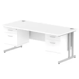 image of Impulse 1800 Rectangle Silver Cant Leg Desk White 2 x 2 Drawer Fixed