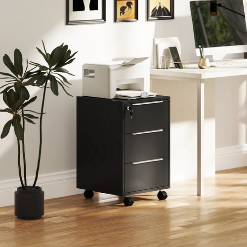 Image of HOMCOM Modern 3-Drawer Locking File Cabinet Mobile Filing Cabinet in Black Unisex