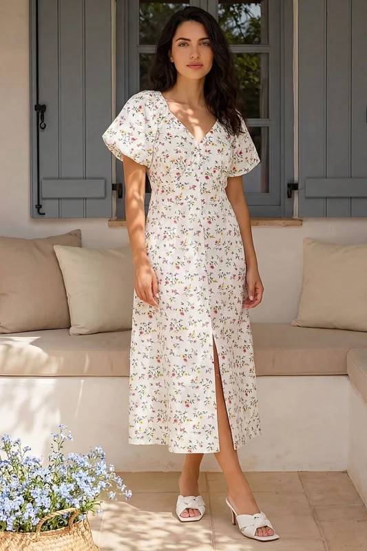 Image of Dusk Womens Ditsy Broderie Midi Dress in White Size: 14 White Female 14