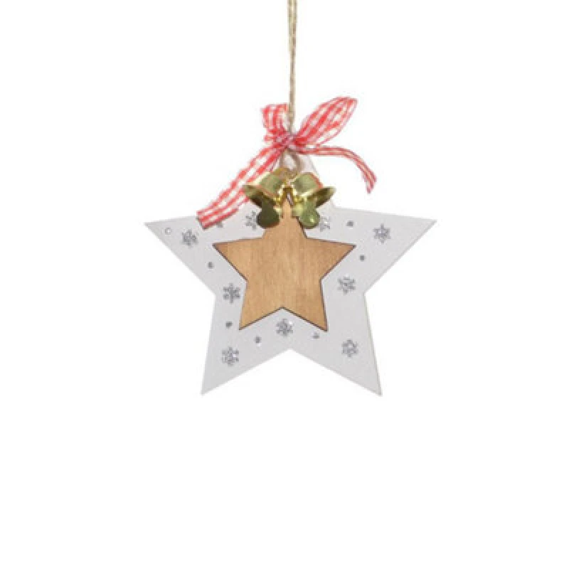 Image of Shatchi Christmas Tree Ornaments Wooden Aesthetic Hanging Decorations set of 6 pcs with Ribbons and Bells Xmas DIY Holiday White