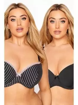 Image of Yours 2 Pack Pinstripe T-Shirt Bra - Black, Size 40D, Women