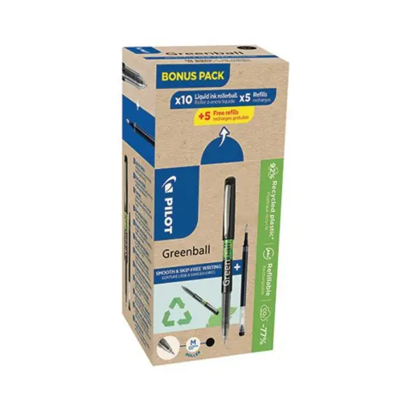 Image of Pilot Pilot Greenball Rollerball Bonus Pack Black Box of 10 Pens + 10 Refills (Pack of 20) WLT424741 WLT424741