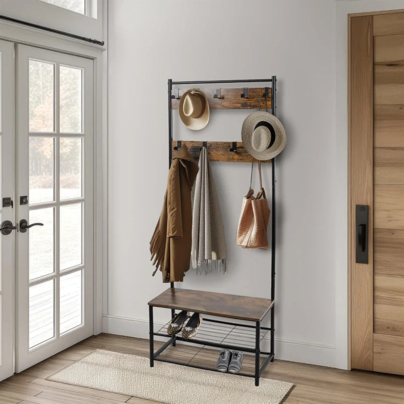 Image of House of Home Coat Rack Stand with Shoe Storage Bench 9 Hooks Rustic Brown Entrance Hall House of Home Brown unisex