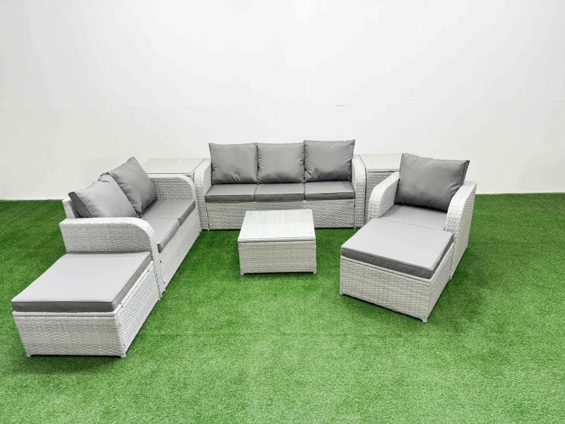 Image of Fimous Patio PE Wicker 8 Seater Outdoor Rattan Furniture Sofa Sets with Reclining Chair Loveseat Sofa 2 Big Footstools 2 Side Table
