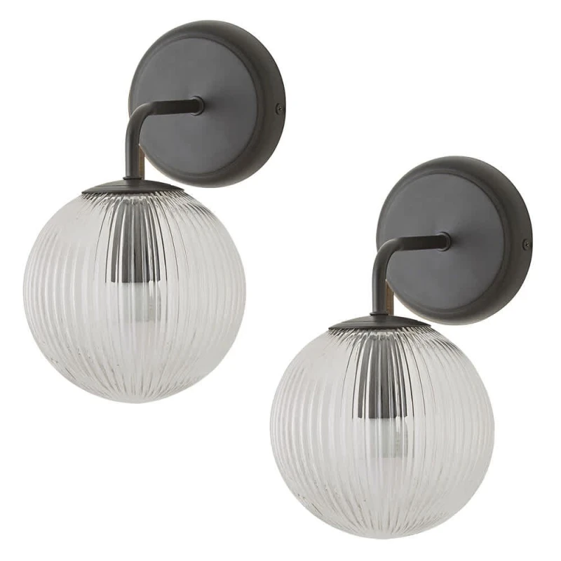 Image of ValueLights ValueLights Kempton Pair of Ribbed Glass Globe Shade Wall Lights with Bulbs in Black One Size Unisex 5059406071546