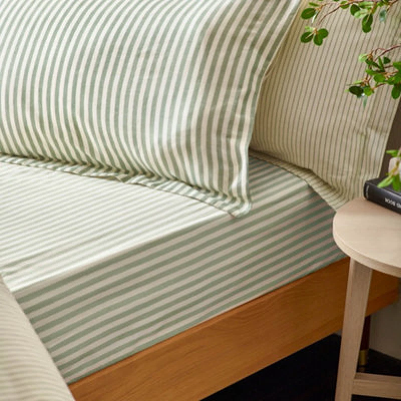 Image of Yard Hebden Striped Cotton Fitted Sheet, Forest Green, Single