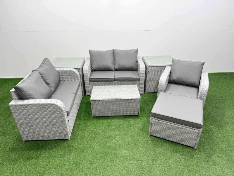 Image of Fimous High Back Poly Rattan Garden Furniture Set with Reclining Chair Loveseat Sofa Rectangular Coffee Table Indoor Outdoor Patio Set Big Stool 2 Si