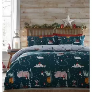 image of Christmas Gonks Village Duvet Cover Set Green Single Reversible - Green - Portfolio Home