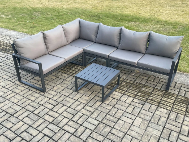 Image of Fimous Aluminium Garden Furniture Set Outdoor Lounge Corner Sofa Square Coffee Table Sets Dark Grey 6 Seater Dark Grey Unisex