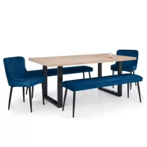 image of Julian Bowen Set Of Berwick Dining Table 2 Luxe Low Bench Blue & 2 Luxe Blue Chairs