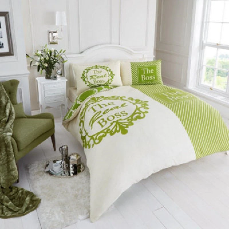 Image of Smart Living Smart Living Printed Polycotton The Real Boss Duvet Cover With Pillowcases in Green Size: Double Green Double Unisex 5051346101901